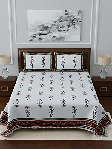 Image of LIVING ROOTS Ethnic Rajasthani /Jaipuri /Sanganeri Block Print 100% Cotton Super King Size 100 * 108 Bedsheet with 2 Pillow Covers (40B)