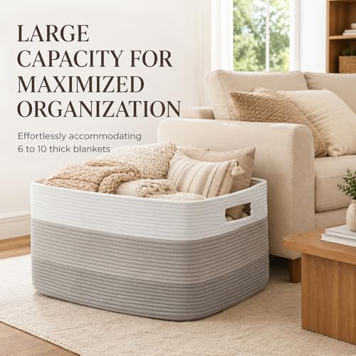 Image of OIAHOMY Large Blanket Basket, 22 inchx17 inchx12 inch Laundry Baskets, Nursery Blanket Storage Living Room, Toy Storage With Handle, Rectangle Woven Baskets-Gradient Grey