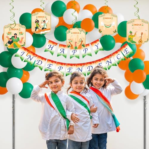 Image of Party Propz Happy Independence Day Decoration Items - 56 Pcs, 2 in 1 Happy Independence Day Banner & Republic Day Reversible Banner, Swirl Hanging, Tricolour Balloons (Latex, Cardstock)