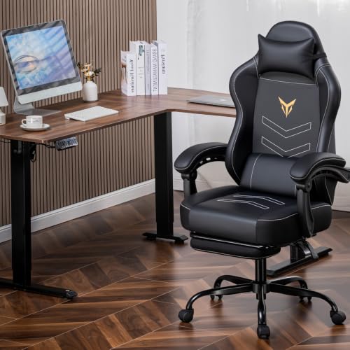 Image of GTPLAYER Gaming Chair, Office Chair High Back Computer Chair with Foot Rest for Adults, Leather Desk Chair Executive Ergonomic Height Adjustable with Headrest and Lumbar Support, 300lbs Light Black