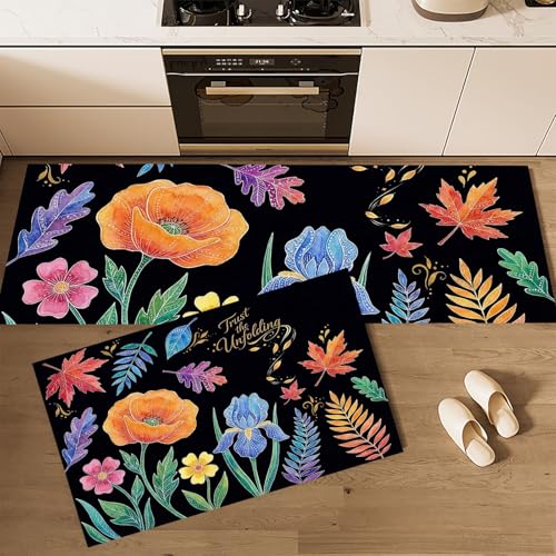 Tapis de cuisine lot de 2 fleurs dessinées à la main noir - 4