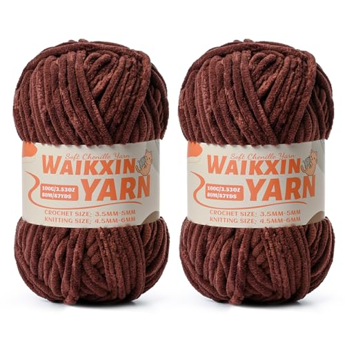 Image of (2 Deep Coffee) 2 Pack Super Soft Fuzzy Chenille Chunky Yarn for Crocheting, 200g (175yds) Fluffy Velvet Yarn for Hand Knitting Baby Blankets Weaving Craft