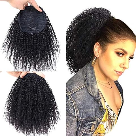 Wrap Drawstring Short Afro Kinky Curly Human Hair Puff Ponytail Extensions with Clips 4b 4c Natural Curly Top Closure Clip Ins Ponytail Extensions for African American Women 12"inch Cover