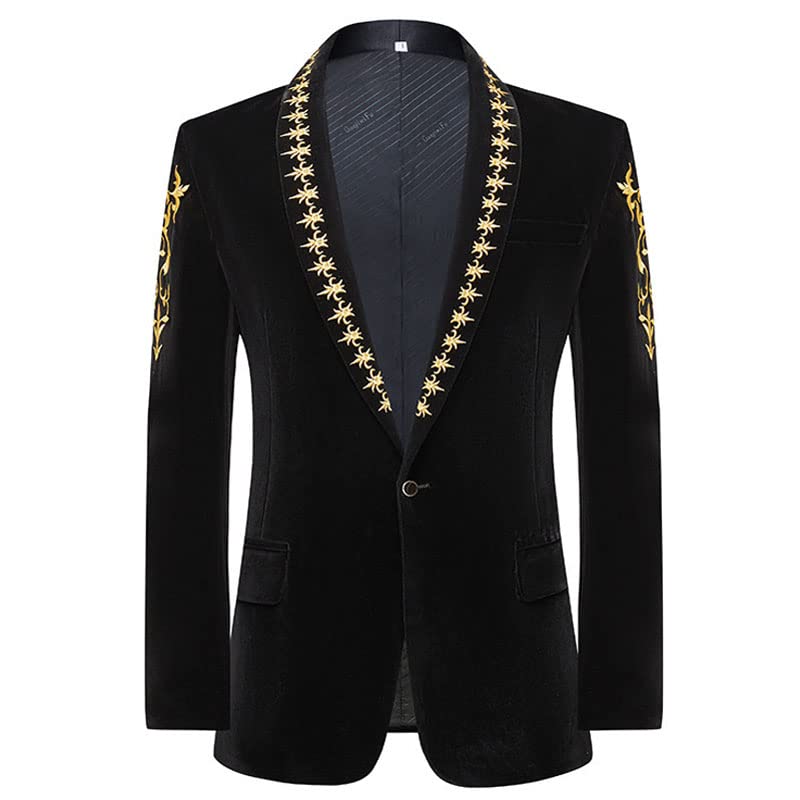 Gold Baroque Floral Embroidery Fleece Blazer Jacket Men Shawl Collar One Button Wedding Dinner Party Tuxedo2