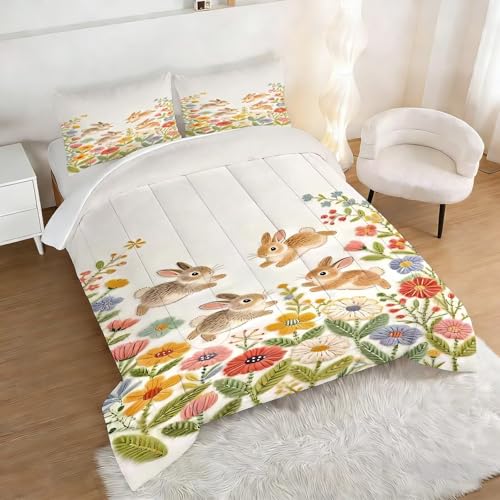 Image of Floral Rabbit Comforter Set Queen Size Cartoon Flower Bunny Bedding Sets for Kids Teens Boys Girls Bedroom Cute Animal Quilt 1 Comforter 2 Pillowcases