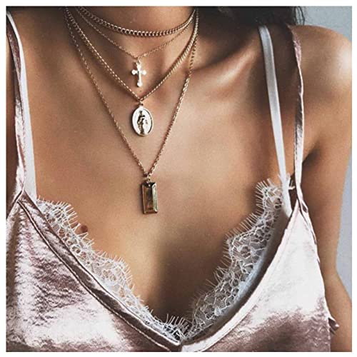 Dervivea Collier ras du cou bohème avec pendentif en forme de croix - Vierge Marie - Carré doré - Chaîne religieuse - Bijoux pour femmes et filles Cover