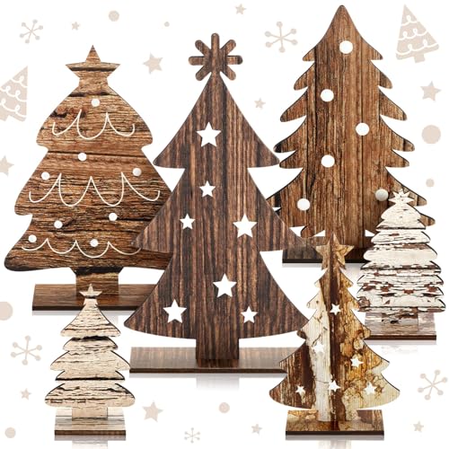 6 Pcs Wooden Christmas Trees Tabletop Decor Rustic Wood Christmas Trees Xmas Centerpieces Table Wooden Signs Farmhouse Table Home Decor for Home Office Farmhouse