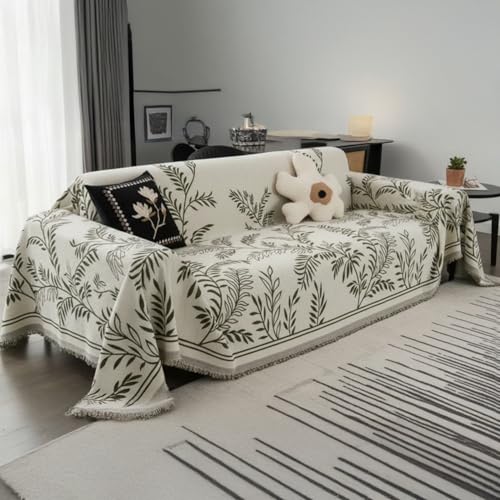 Image of The Furnishing Tree 3 Seater Reversible Chenille Sofa Cover, Double-Sided Luxury Throw, Anti-Slip Couch Cover, Soft & Comfortable Sofa Towel for All Seasons, Light Willow Leaf