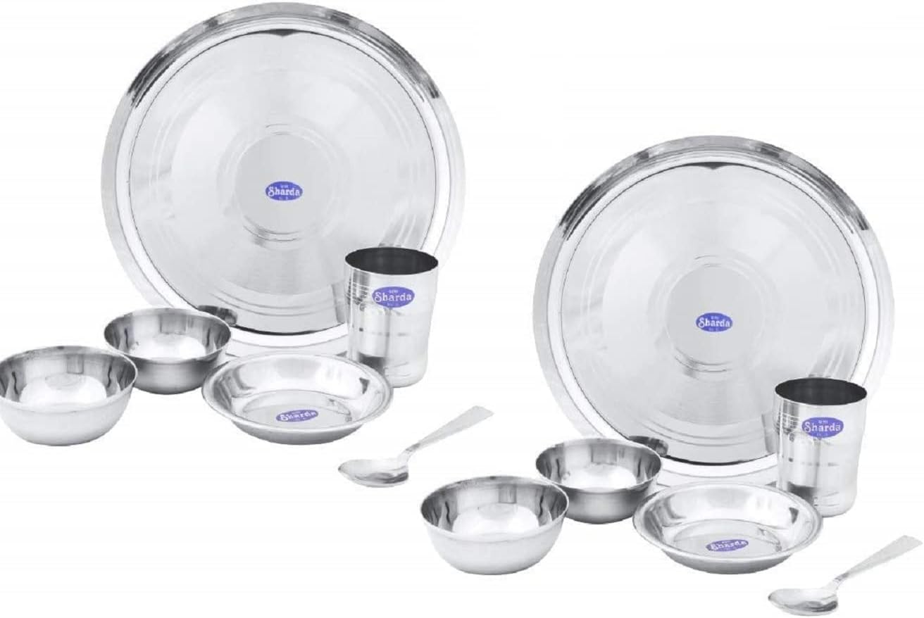 SHARDA METALS Stainless Steel Dinner Set of 12 | Heavy Gauge BPA Free Food Grade Dinnerware for Lunch & Dinner Dishwasher Safe | Includes 2 Thali Plate, 4 Curry Bowl, 2 Side Plate, 2 Glasse & 2 Spoon