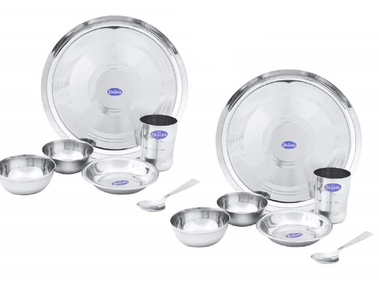 SHARDA METALS Stainless Steel Dinner Set of 12 | Heavy Gauge BPA Free Food Grade Dinnerware for Lunch & Dinner Dishwasher Safe | Includes 2 Thali Plate, 4 Curry Bowl, 2 Side Plate, 2 Glasse & 2 Spoon