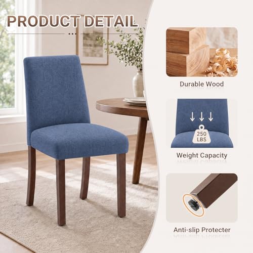 Image of Upholstered Dining Chairs Set of 4, Mid-Century Dining Room Chairs with Wooden Legs, Farmhouse Fabric Parsons Chairs for Small Space Restaurant & Cafe- Blue