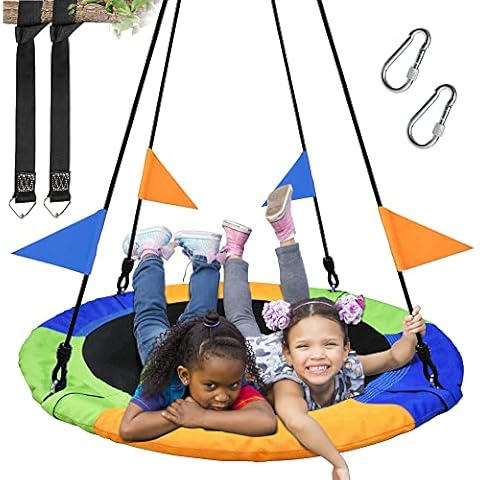 PACEARTH 40 Inch Saucer Tree Swing Flying 900lb Weight Capacity 2 Added Hanging Straps Adjustable Multi-Strand Ropes Colorful Safe and Durable Swing Seat for Children Cover