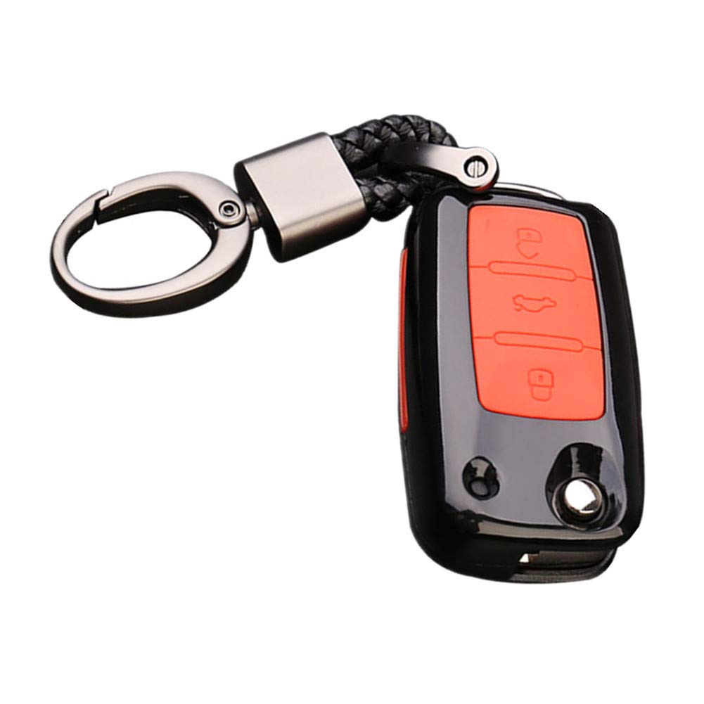 Happyit ABS Carbon Fiber Shell+Silicone Car Key Cover Case Keychain for Volkswagen VW Bora Beetle Tiguan Polo Passat B5 B6 MK5 6 Jetta Eos SEAT Sagitar Golf 6 3 Buttons (A Black + red)