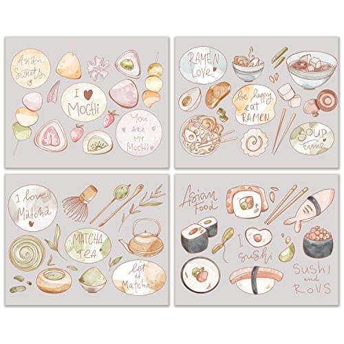 Crystal Canvas Japanese Snacks Prints - Set Of 4 (8X10 Inches) Glossy Traditional Culture Food Asian Sweets Kawaii Grey Wall Art Decor - Mochi - Ramen - Matcha Green Tea - Sushi Rolls #TOP8