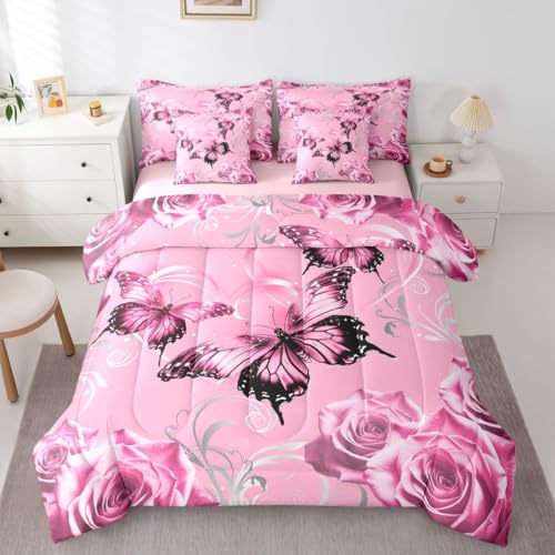 Image of Feelyou Cute Butterfly Comforter Set with Sheets 7 Piece Full Size 3D Butterflies Bedding Set for Kids Boys Girls Galaxy Dreamy Bed in a Bag Glitter Rose Floral Room Decor Soft Microfiber