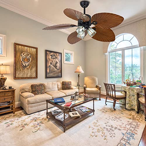 OUKANING Palm Island Bali Breeze Ceiling Fan, Five Palm Leaf Blades, Tropical Fan, With Remote Control (52 inches) (Brown 3 Lights) - Image 3