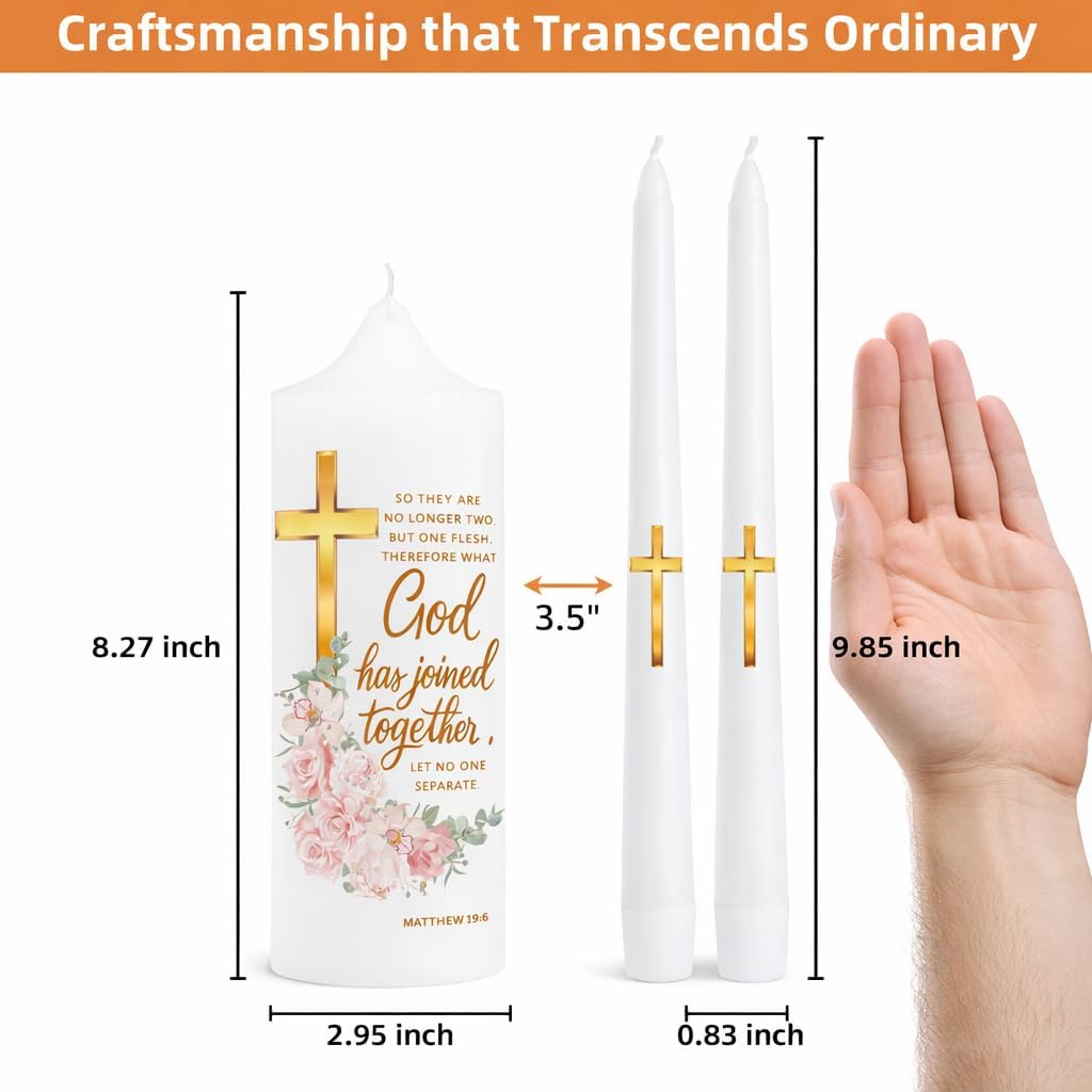 LakWilows Unity Floral Candles for Ceremony with Gold Metal Holder, Wedding Candle with Cross & Scripture, Christian & Catholic Wedding Ceremony Candle for Bride and Groom