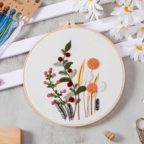 Image of Allazone Flower Embroidery Kit for Beginners, 4 Pack Cross Stitch Kits Needlepoint Kits for Adults with Pattern, Embroidery Hoop Cloth Thread