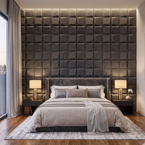 Image of Kayra Decor 3D PVC Wall Panels for Bedroom & Living Room | Cube Design | Nexa Gray Color | 19.7 x 19.7 Inch | Pack of 12 | 32.28 Sq Ft