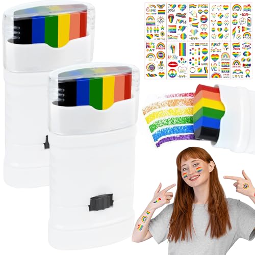 CWENDANER 2X Regenbogen und 10 Regenbogenaufkleber -Schminkstifte für Pride | LGBTQ Gesichtsfarbe & Deko | CSD Accessoires, Paraden & Feste