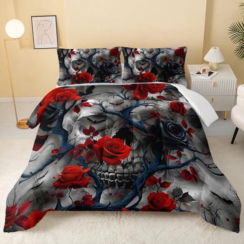 Image of QOOMO Red Flowers Kids Bedding Set,Plants Print Comforter Set Queen Size for Boys Girls Teen Room Decorat,Soft Lightweight Bed Set All Season,1 Comforter 2 Pillowcases