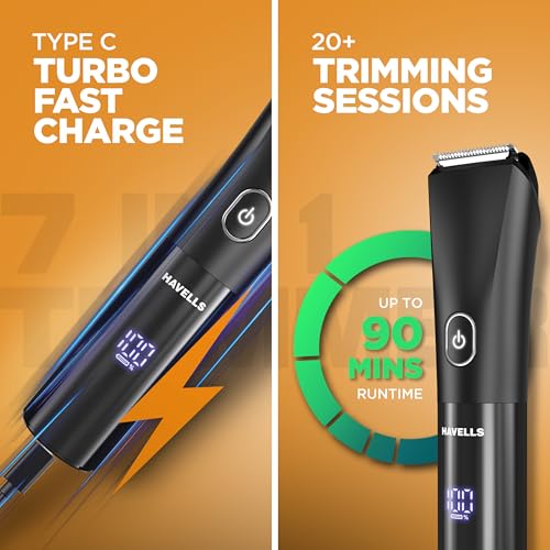 Image of Havells Beard & Hair 7 in 1 Trimmer |2-in-1 Special Blade| Comes with 4 Beard & 2 Hair Combs| Real Time Digital Display| Type C Turbo Charge| No Nicks & Cuts|2 Year Guarantee|BT6661