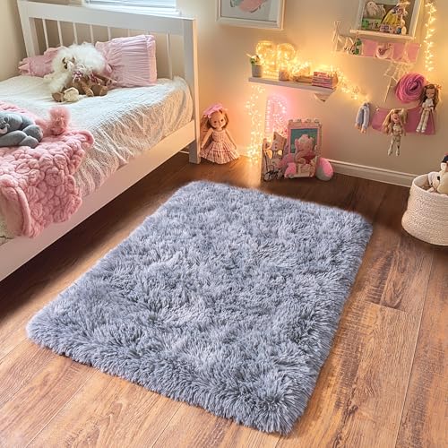 Small Rugs for Bedroom, Fluffy 2x3 Rug Throw Non Slip for Bedside Dorm Kids Room, Plush Comfy Shag Carpet for Home Decor Aesthetic, Grey