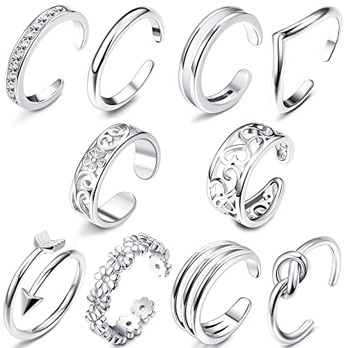 FIBO STEEL 10 Pcs Open Toe Rings for Women Vintage Retro Wave Flower Celtic Knot Arrow Tail Band Toe Ring Adjustable Silver-tone
