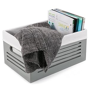 Wooden Storage Box – Decorative Closet, Cabinet and Shelf Basket Organizer Lined with Machine Washable Soft Linen Fabric – Grey, Medium