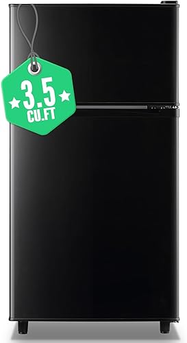 WANAI Mini refrigerador con congelador, pequeño refrigerador de doble puerta congelador en la parte superior, refrigerador negro con 7 termostatos