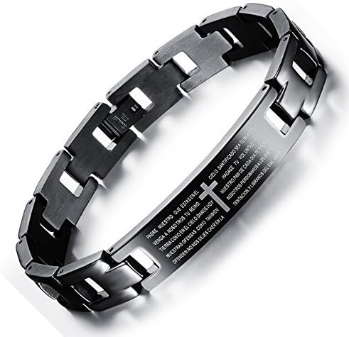 TEMICO Men's Spanish/English Bible Lords Prayer Cross Bracelet Stainless Steel Link Chain Bracelet Black
