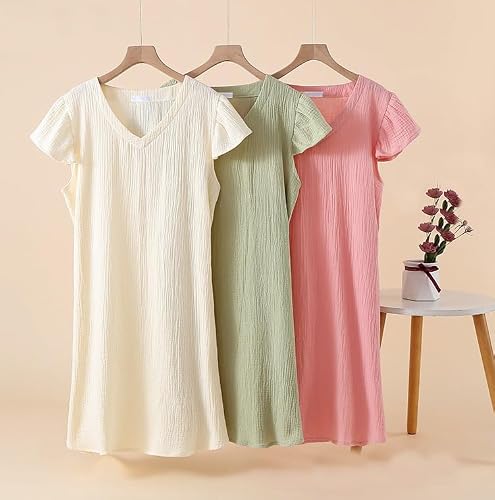 CRETUAO Chemise nuit en gaze coton pour femme Chemise nuit en mousseline Robe de nuit légère et ample pour femme Robe nuit à col en V,Blanc,M – vue 2