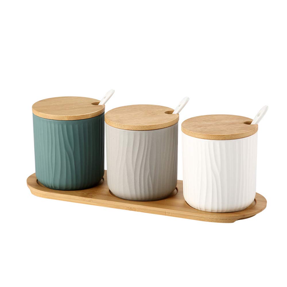 Set di 3 Tre Colori Zuccheriera, Zuccheriera in Ceramica Rotonda con Coperchio e Cucchiaio, Design Elegante, per Casa e Cucina