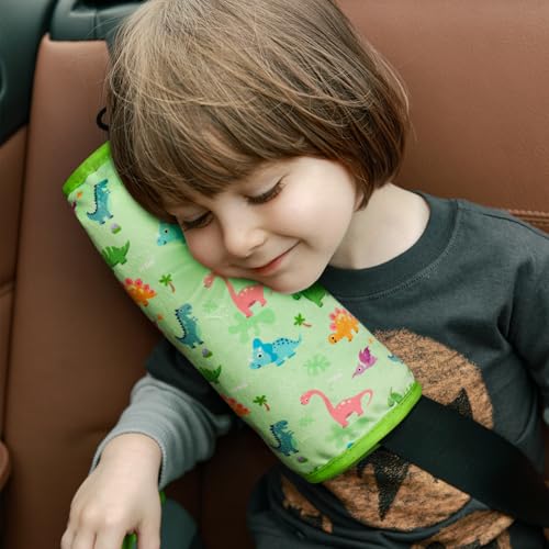 Image of COOLBEBE Seat Belt Pillow for Kids, Extra Soft Toddler Travel Pillow for Car Seat, Universal Carseat Strap Cushion Pads for Childs Baby People Adults, Green Dinosaurs