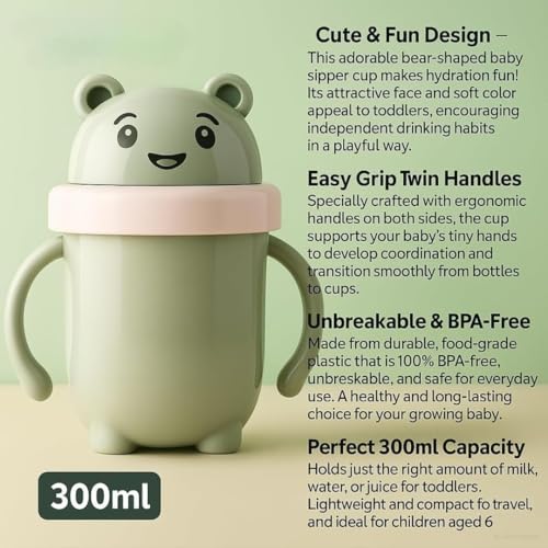 Image of 300ml Baby Sipper for Infant /Toddler, Baby Straw Cup, Soft Silicone Straw Cup, Baby Sipper Bottle for 6 Month+, Anti-Spill with BPA Free, Lid & Easy Grip Handles (Green)