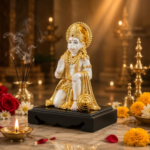 Image of Hanuman Idol Ceramic Showpiece, Golden & White Decorative Hanuman Murti for Pooja Room, Temple /Home Decor, Auspicious Gift (35 cm)