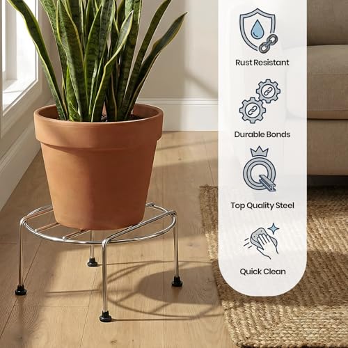 Image of Pivalo Round Plant Stand for Flower Pots & Gamla | Rust-Resistant Heavy Duty 301 Grade Stainless Steel Pot Holder for Indoor & Outdoor Plants | Garden, Balcony & Living Room Decor (2 PCS)