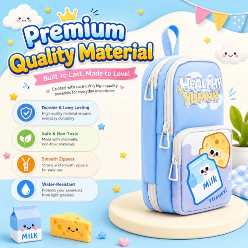 Image of Alokik 3 Compartment Pencil Pouch for Kids, Cute Milk & Cheese Cartoon Pencil Case with Multiple Zipper Compartments, Water-Resistant Stationery Organizer for Boys & Girls (Healthy Yummy Pouch)