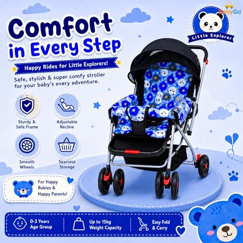 Image of BabyGo Foldable Baby Stroller for Newborn, Infant & Toddler 0-3 Years | Lightweight Travel Pushchair | Safety Harness | Adjustable Recline Backrest | 360 Swivel Wheels | Large Storage Basket | Blue