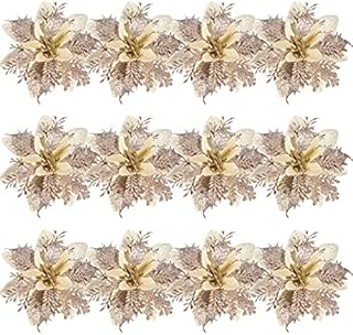 12Pcs Christmas Glitter Poinsettia Flowers Gold Christmas Tree Decorations Xmas Artificial Flowers with Stems & Clips Christmas Tree Ornaments Flowers Decor for Holiday New Year (Champagne Gold)