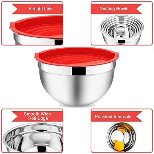 Onader Mixing Bowl Set of 5, Stainless Steel Salad Nesting Bowl with Airtight Lids, Metal Bowls for Baking Serving, Dishwasher Safe & Space-Saving Storage, Size 0.7/1.2/1.6/2.8/4.6QT (Multicolor)