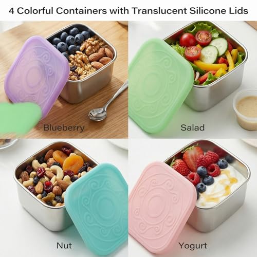 Image of 4 Pack Stainless Steel Snack Containers, 6oz Snack Box with Silicone Lids,Stackable Portable Small Food Storage Container for Picnic,Travel,School,Office,and Daycare