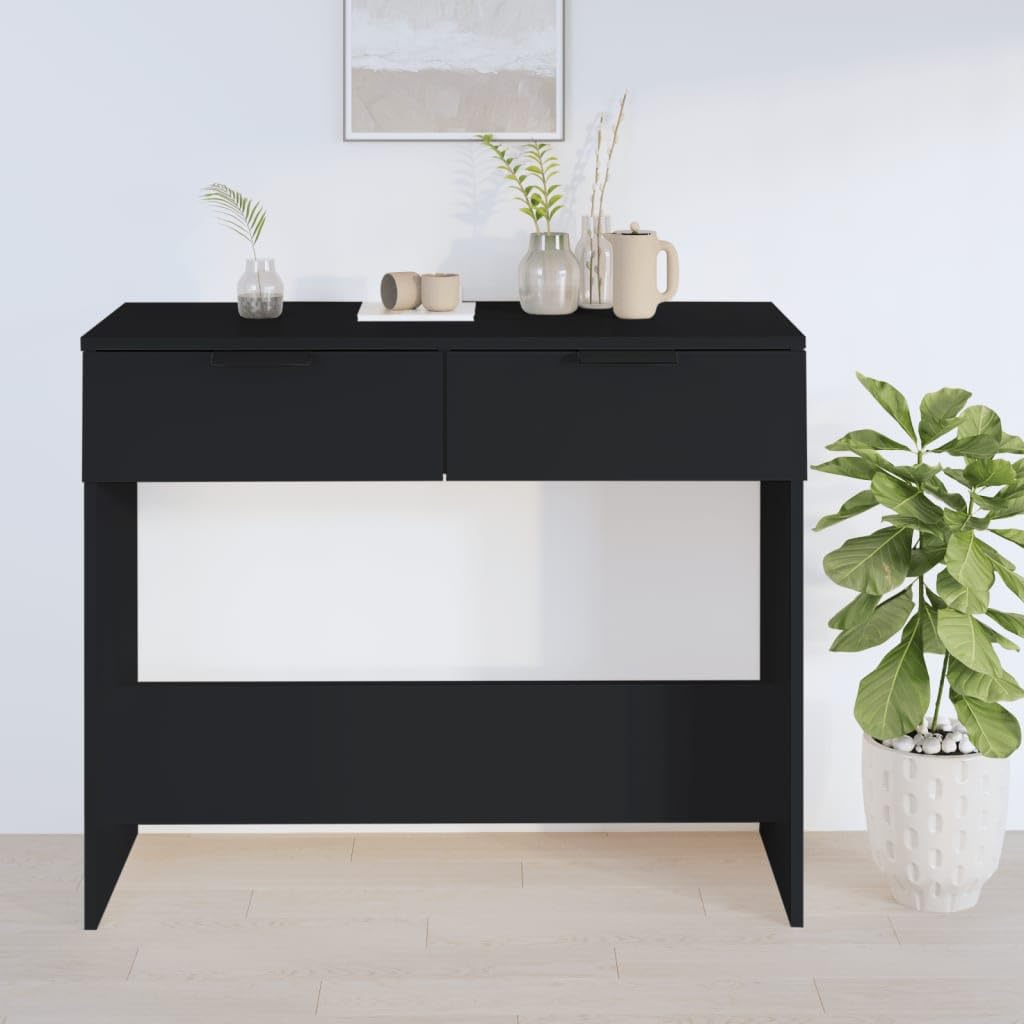 Mesa consola negra de madera con acabado elegante y estantería robusta