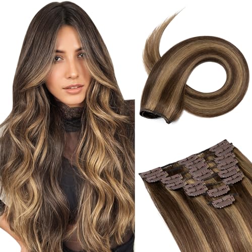 Image of Benehair Human Hair Clip in Extensions Balayage Medium Brown Mix Dark Blonde Highlight Hair Extensions for Women Long Straight Remy Natural Full Head 8pcs 8inch No Tape No Glue #4P27