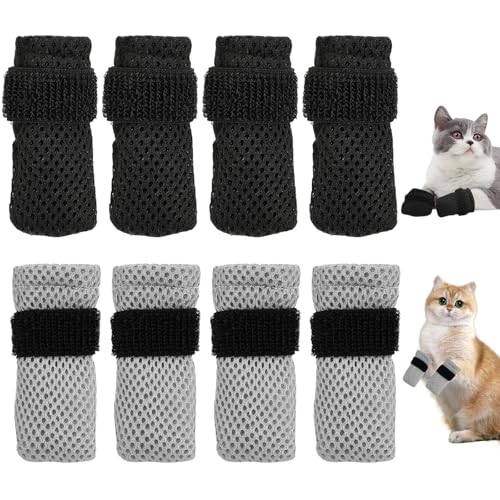 Cat Claw Covers 8Pack Shoes Booties for Cats Mittens to Prevent Scratching Socks Adjustable Breathable Mesh Puppy Indoor Gloves Paw Kitten Boots Suitable for Bathing and Nail Trimming (Grey + Black)