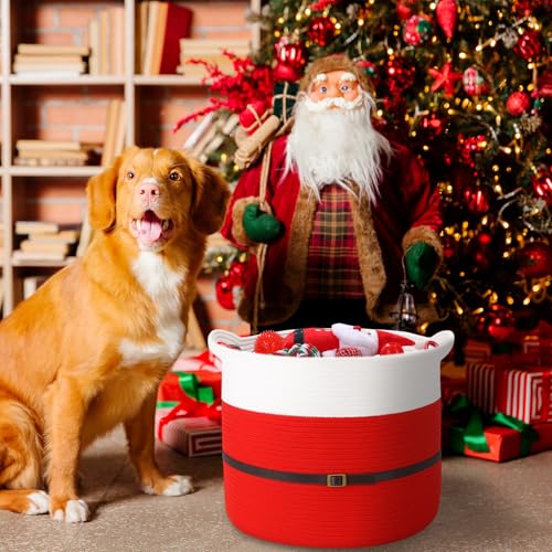 Abbylike 7 Pcs Christmas Dog Gift Basket Puppy Toys Box Squeaky Santa, Chew Ropes, Rubber Ball, Storage Basket Fun Teeth Cleaning & Interactive Play for Small Medium Dogs Pet