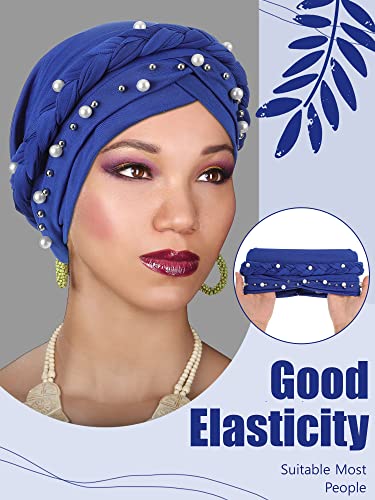 SATINIOR 4 Pieces African Women Turban Cap Beaded Headscarf Beanie Twisted Braid Wrap Hat Faux Pearl Headwrap, Black, Gray, Yellow, Royal Blue, M