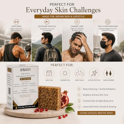 Image of Kojic Acid & Pomegranate Exfoliating De-Tan Soap (Pack of 2 x 75g) | Detan Bar for Tan Removal with Alpha Arbutin, Niacinamide & Glycolic Acid | Brightening, Deep Cleansing & Odor Control | Paraben & Sulfate Free Kojic Acid Cleanser