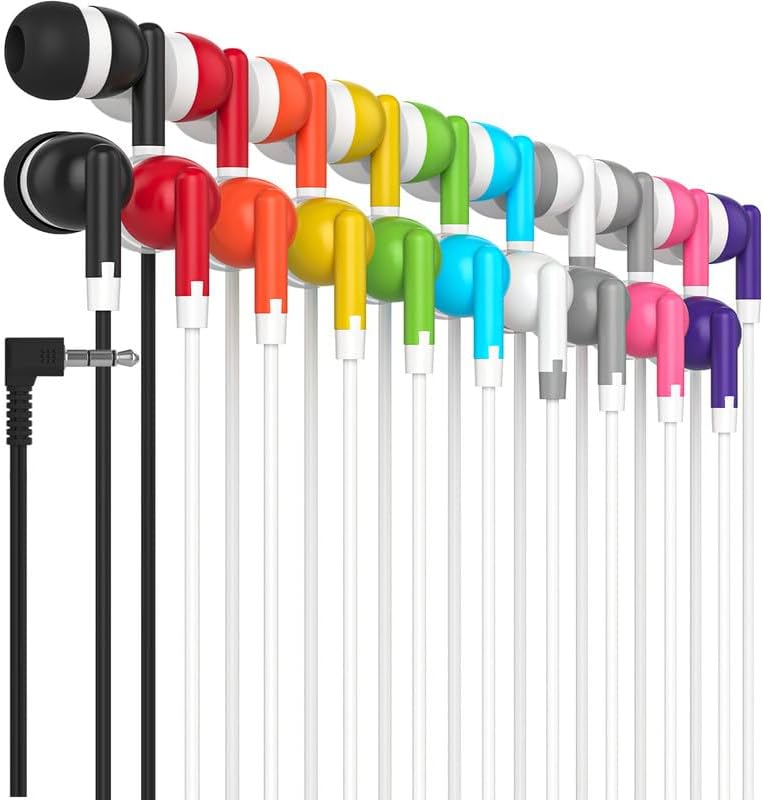 Maeline Bulk Earbuds 500 Pack Stereo Headphones Ideal for K-12-College Classrooms, Library, Travel, Gym, Museum, 3.5mm Plug, Tangle-Free Wired Earbuds for Cellphone, Tablet, Computer, Multicolor