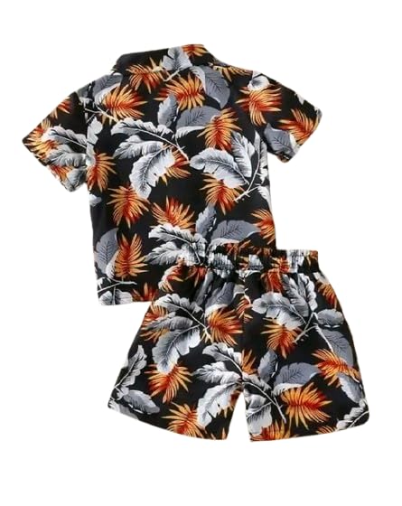 Boys Hawaiian Floral Print Shirt and Shorts Set, Tropical Beach Wear, Blue and Orange, Summer Outfit
